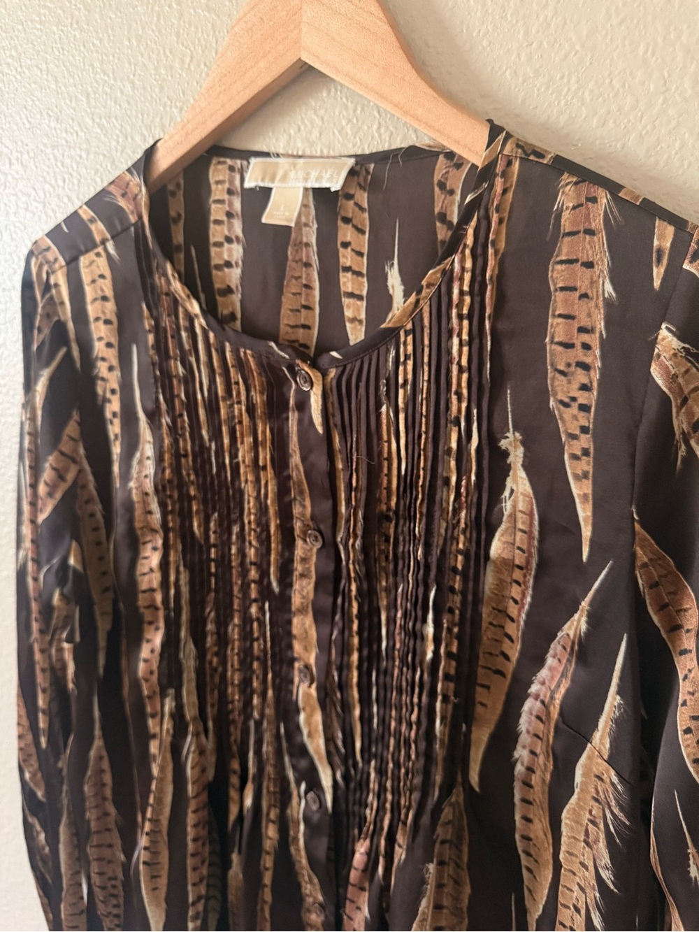 Michael Kors Brown and Tan Feather-Print Button Blouse - Picture 4 of 9